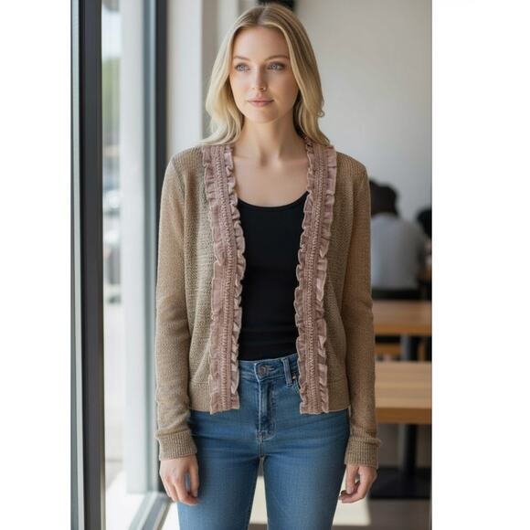 Romy Brown Pointelle Knit Open Cardigan with Ruffle Accent Size M - Picture 3 of 8